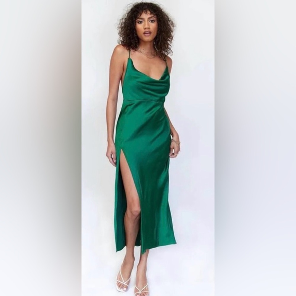 NEW Lioness Emerald Green Satin High-Slit Cowl Midi Dress